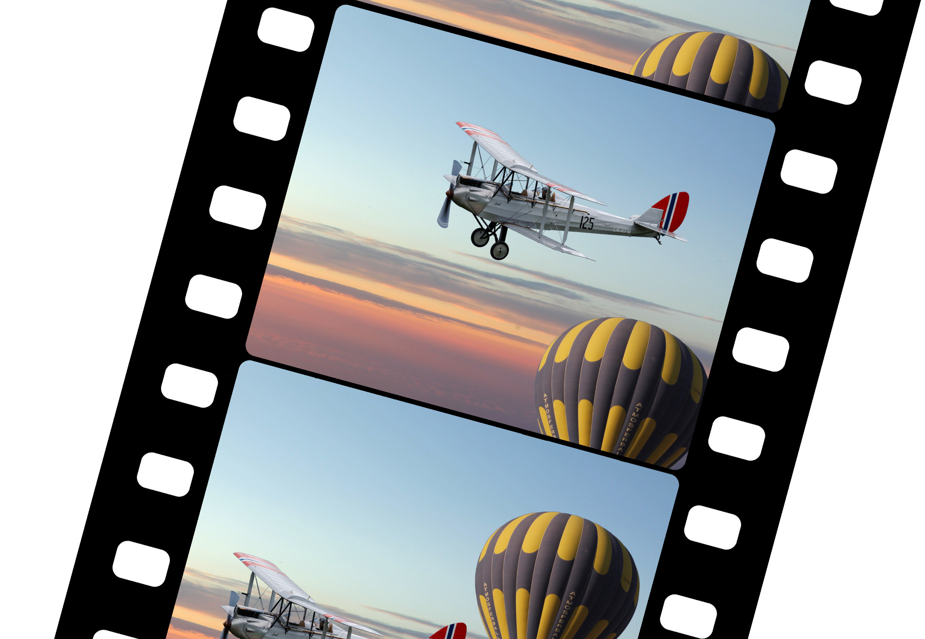 Bilde av filmstripe med et fly og en luftballong i solnedgang